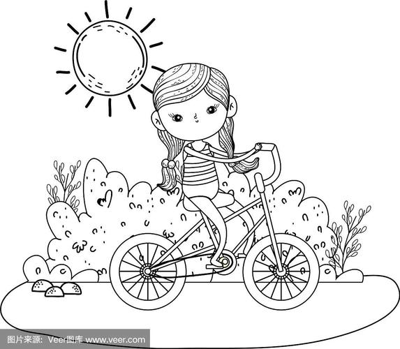 可爱的小女孩骑着自行车在风景里
