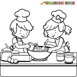 向量黑色和白色概述一个女孩在厨房做饭的例证照片