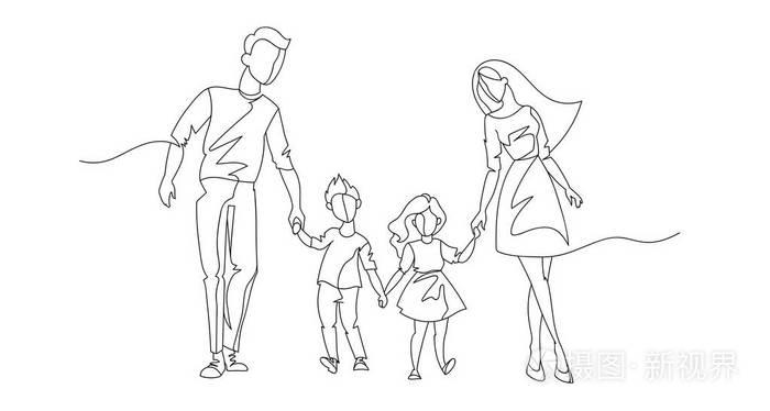 插画 连续线父母与孩子一起散步.一行幸福的家庭.轮廓的人户外.
