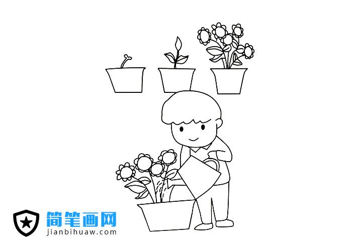 小男孩在浇花的简笔画图片