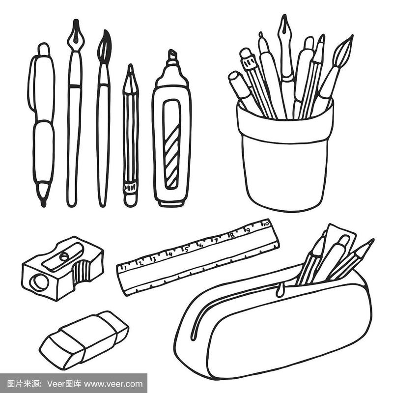 刷子,铅笔,钢笔,尺子,卷笔刀和橡皮图标.