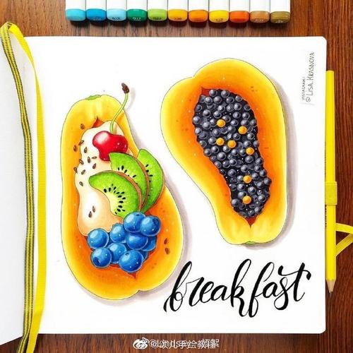 马克笔手绘水果甜品色彩好鲜艳啊这是马克笔的特性