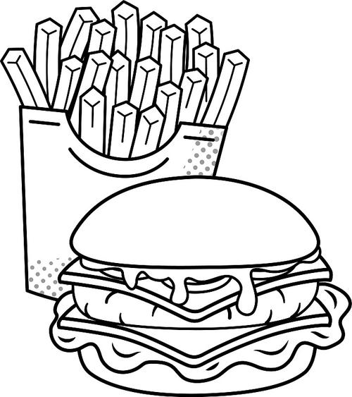 汉堡和薯条,黑白的图片