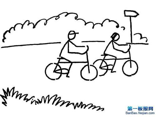 大人教儿童骑自行车的简笔画