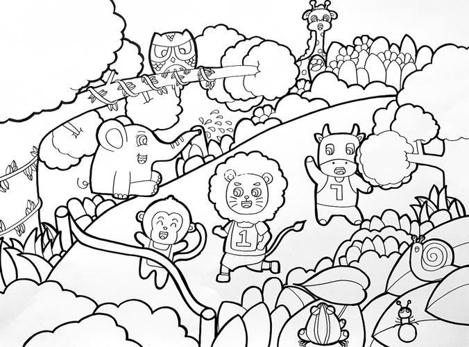 森林运动会儿童简笔画|黑白线描儿童画画线描运动会简笔画森林动物