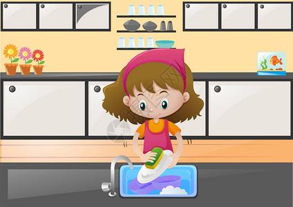 厨房插图中洗碗的小女孩图片
