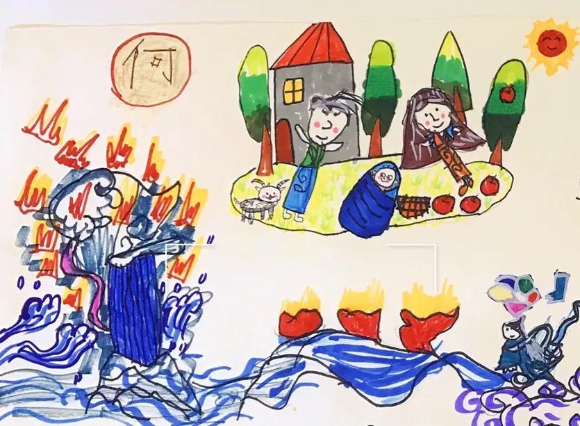 6岁的娃,神话故事解读#女娲补天 #儿童绘画作品 - 抖音