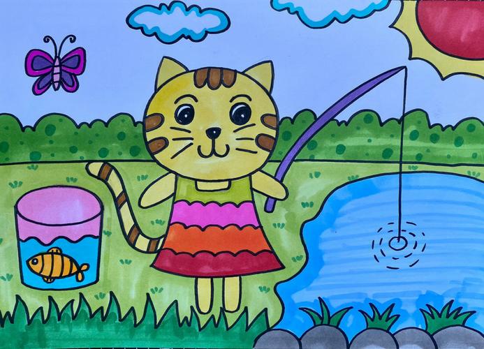 小猫儿童画小猫钓鱼卡通创意画