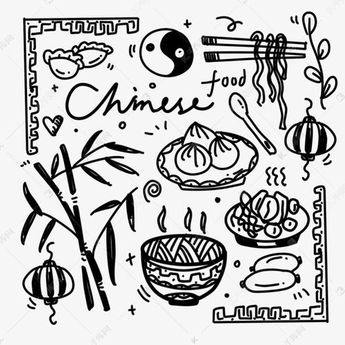 黑白画风中国美食涂鸦画素材图片免费下载-千库网