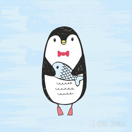 矢量插图可爱的手绘制黑白企鹅与鱼在爪子.