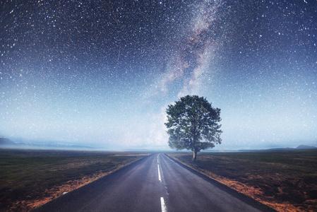 银河系在树在星光灿烂的夜空和银河系下的沥青路和孤树照片