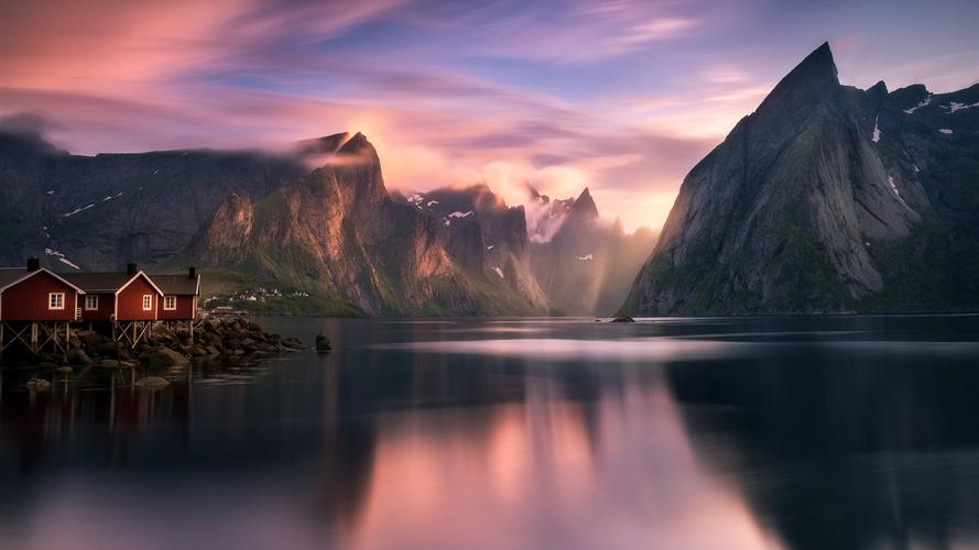挪威,山,湖,峡湾,房子,云,日出,早晨 壁纸 - 1600x900