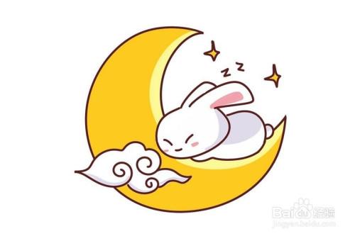 月亮怎么画,我们可以在弯弯的月亮上画一只睡觉的兔子,这样的简笔画既