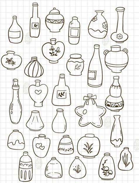 简笔画|各种瓶子画法简单瓶瓶罐罐线稿黑白简笔画线稿手帐焦虑