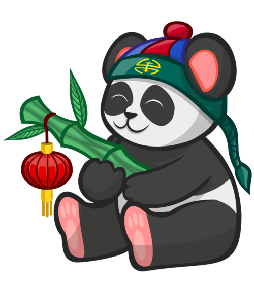 卡通手绘可爱戴帽子熊猫玩竹子