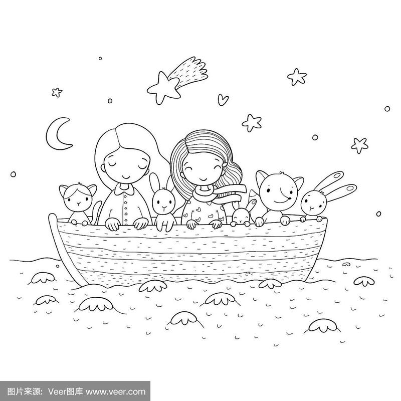 可爱的卡通小孩在船上两个小妹妹