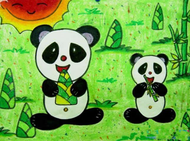 可爱大熊猫吃竹子儿童画