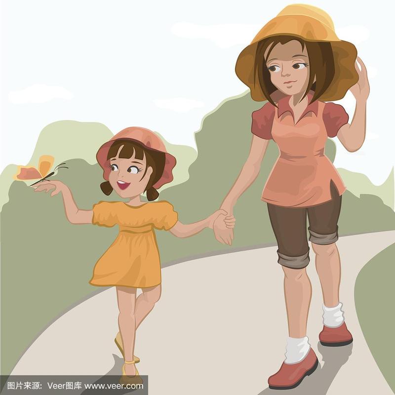 母亲和女儿在公园里散步