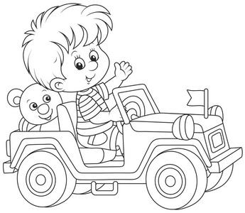 小男孩玩在一个玩具的道路车, 黑白矢量插图卡通风格的着色书照片