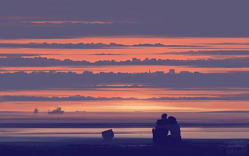浪漫情侣夕阳海边手绘,图片 - 真棒壁纸