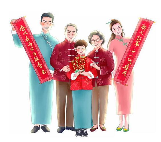 新年春节一起过年的一家人爸爸妈妈爷爷奶奶和孩子拿着对联2317304psd