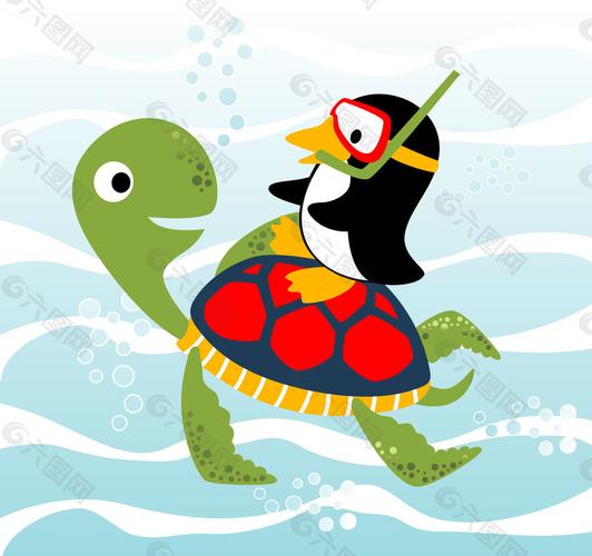 小海龟和小企鹅海上游泳素材