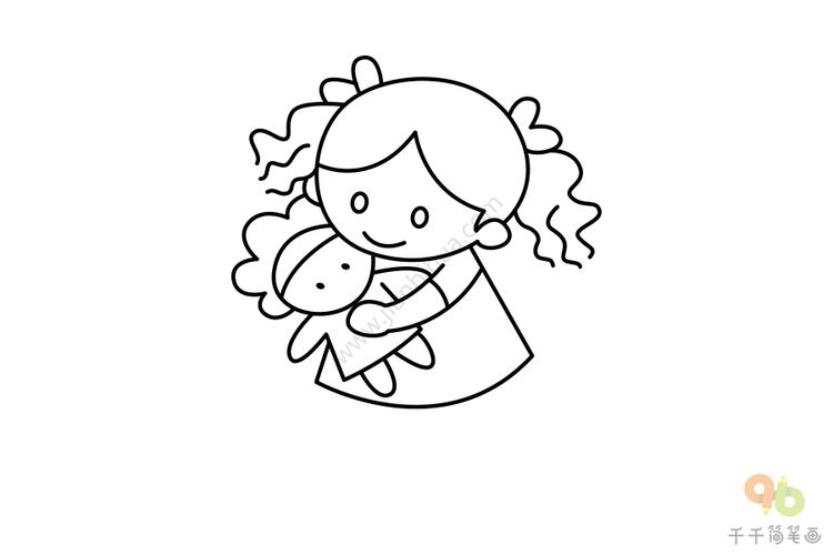 小女孩抱着布娃娃简笔画