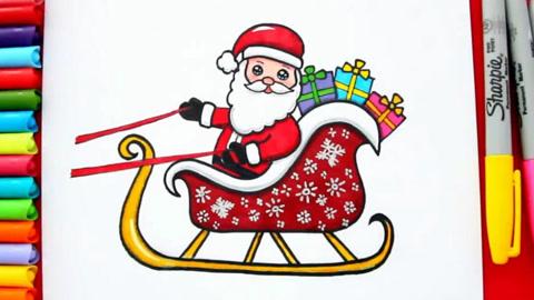 送礼物的圣诞老人 马车涂色画 简笔画 儿童益智绘画视频