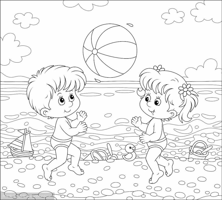 孩子在沙滩玩的简笔画