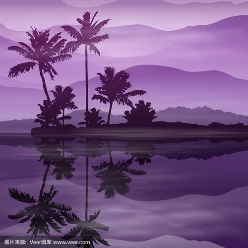 紫色的背景与大海和棕榈树在晚上
