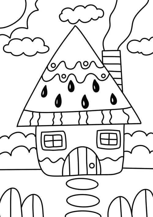 西瓜房子儿童创意画房屋适合56岁带线稿