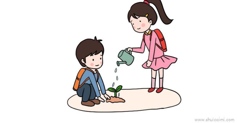 植树节小树苗浇水儿童画怎么画 植树节小树苗浇水简笔画简单