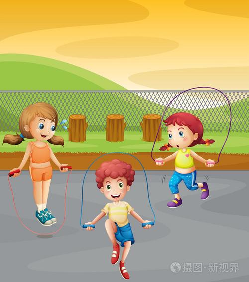 三个孩子跳绳索在公园里插画-正版商用图片1n3gz2-摄图新视界
