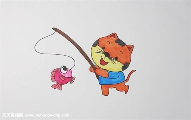 小猫钓鱼四联画简笔画