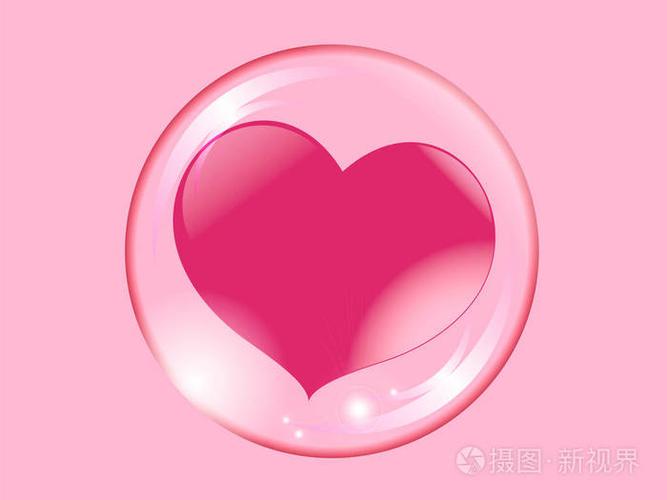 红色的心在一个透明的球体上粉红色的背景, 肥皂气泡