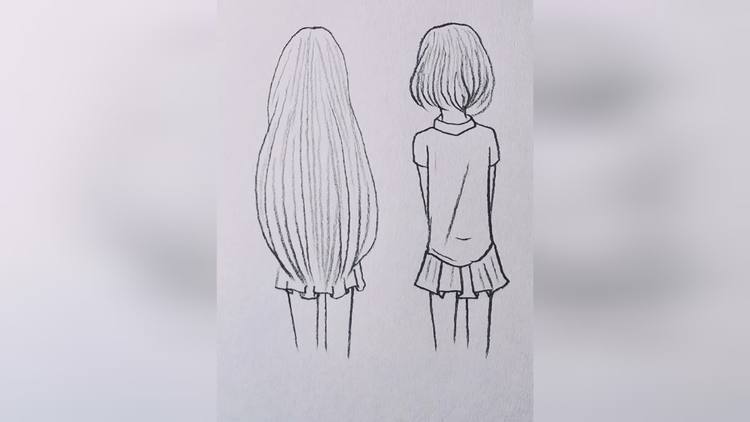 长发短发女孩背影简笔画.