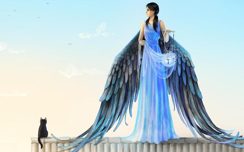 蓝色礼服的天使,翅膀,灯笼,猫,霍亚菲洛梅娜艺术设计 壁纸 - 1920x