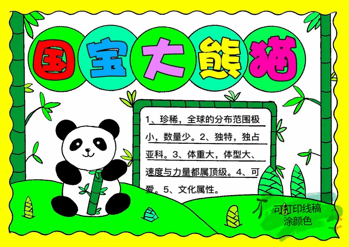 大熊猫手抄报.国宝大熊猫手抄报,大熊猫儿童画,打印线稿涂颜色 - 抖音
