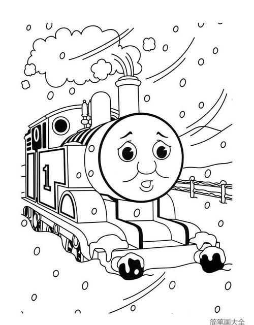 圣诞节雪中行驶的托马斯小火车节日简笔画简笔画大全