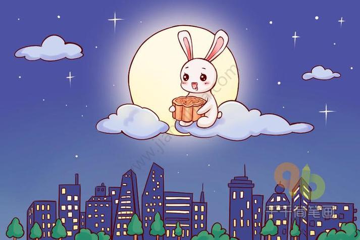 中秋节月亮和兔子的简笔画图文