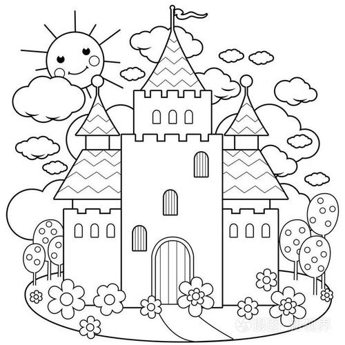 插画 童话里的城堡和鲜花.着色页矢量图的黑色和白色.eps