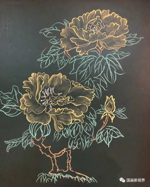 黑板报牡丹花粉笔画图片