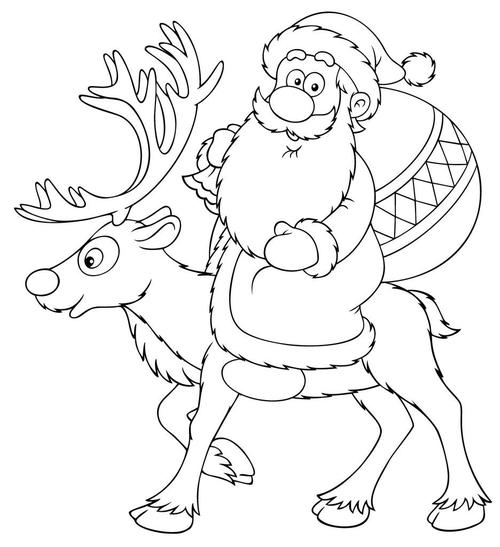 圣诞老人骑着驯鹿,圣诞老人骑着他的驯鹿和持有一个袋圣诞礼品, 黑色