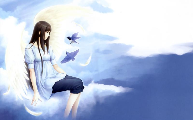 壁纸 幻想天使女孩,天空,云彩,鸟