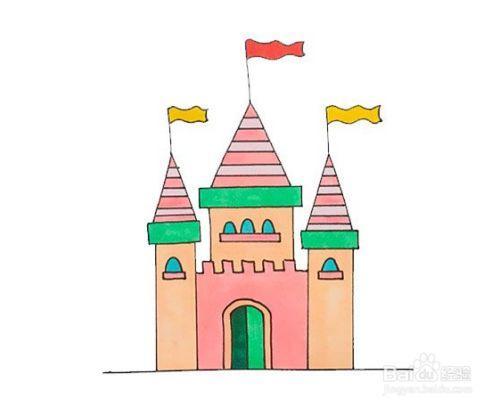 最后给它的屋顶旗帜和门窗上色这样城堡简笔画就完成啦