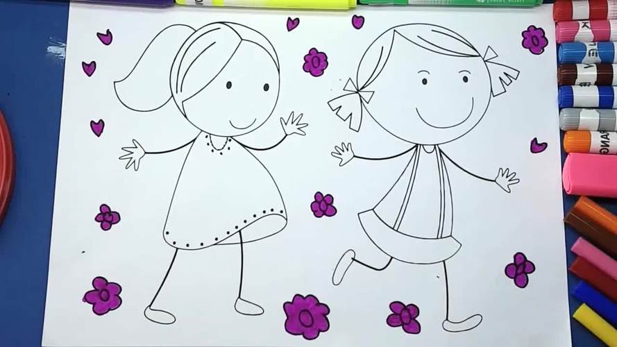 儿童涂鸦简笔画:两个在一起玩耍的小女孩