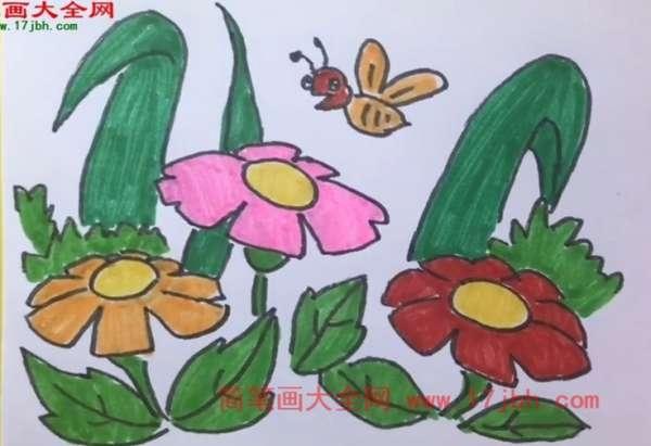 小花简笔画带有色彩草地上的花朵怎么画
