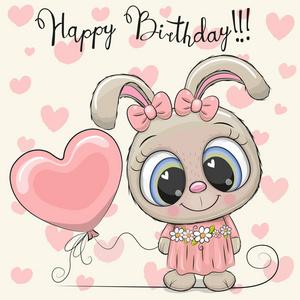 兔子气球生日贺卡可爱卡通兔子女孩与气球照片