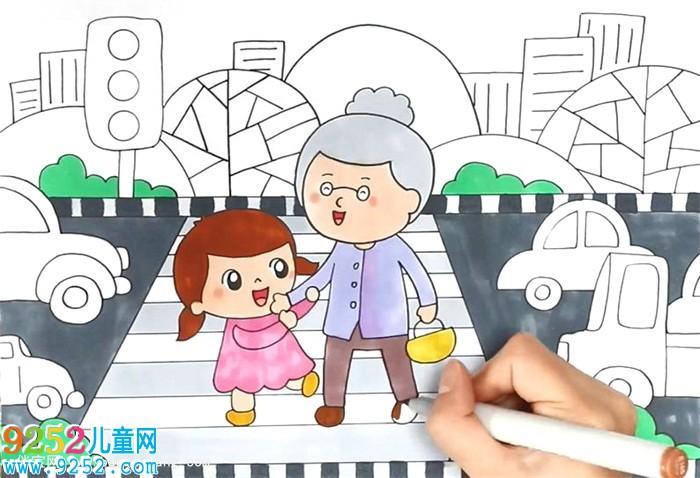 1,先画一个小女孩在扶着老奶奶过马路.