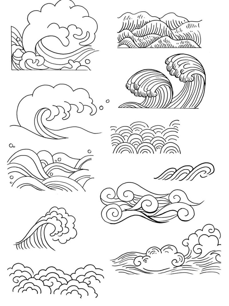 整理了几种常见海浪的画法,视觉传达素材|手抄报|插画|勾线笔|黑白